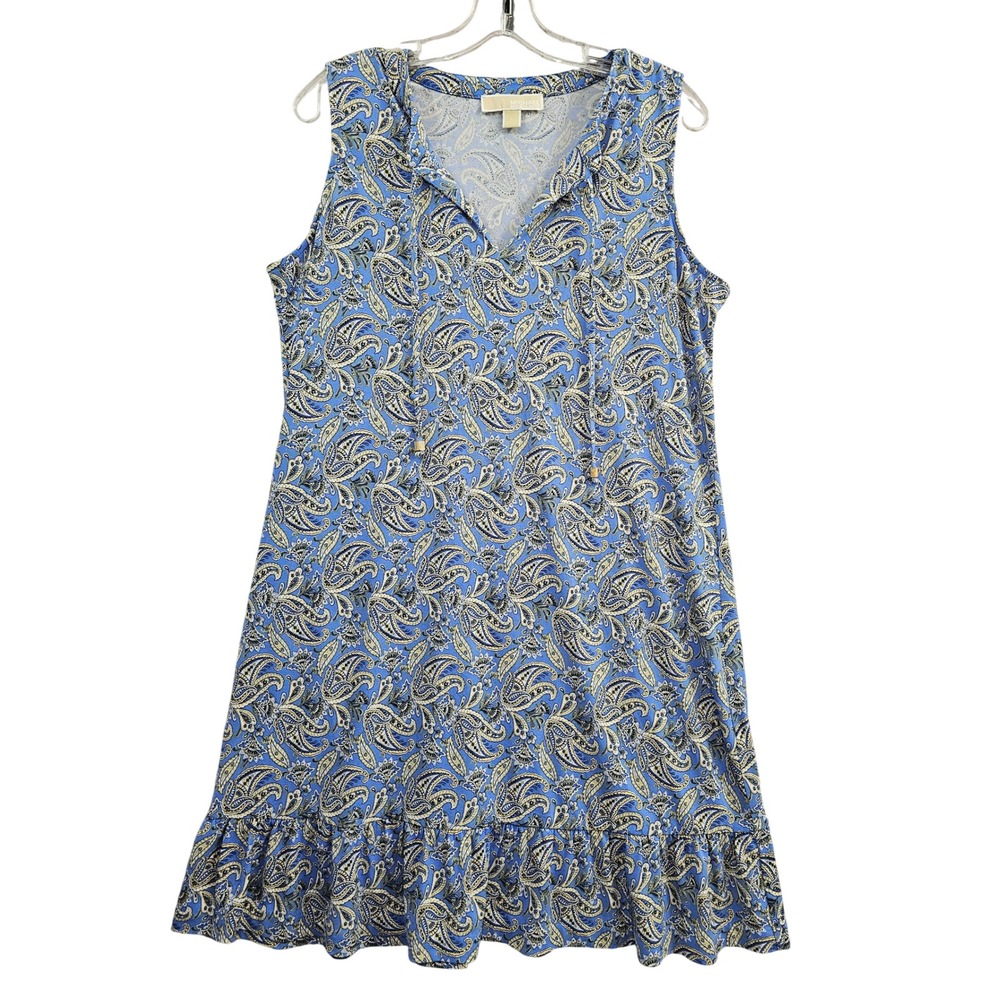 Michael Kors Dress Womens L Blue Paisley Ruffle Hem Sleeveless Tie Neck Shift MK
